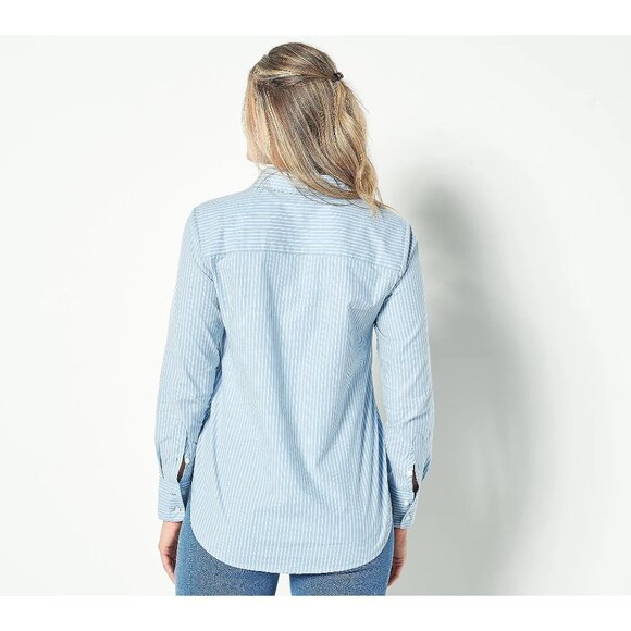 Candace Cameron Bure Regular Hi Low Boyfriend Shirt Womens L Regatta Stripe NEW - Picture 2 of 8